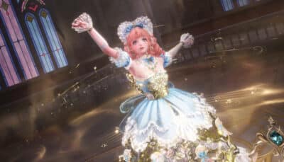 Nikki n a blue and gold ornate dress poses gracefully in a church-like setting with stained glass windows