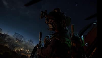 Soldier preparing for a nighttime helicopter drop over the city in Battlefield 6