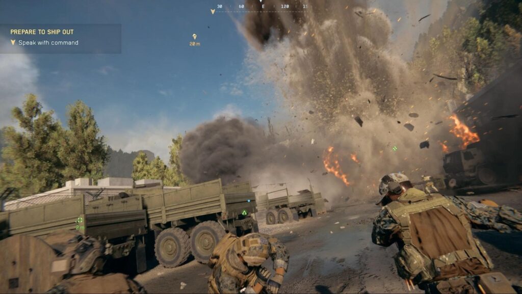 Massive explosion erupting near military trucks during a Battlefield 6 mission