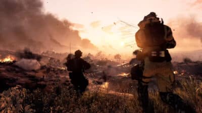 picture of battlefield 6 marines running through a west coast USA plain.