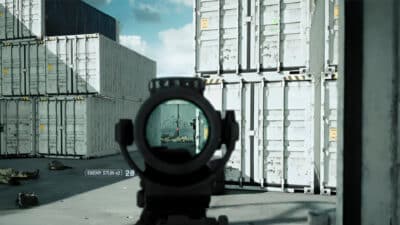 Image of a custom made fan project of the original Shipment from Call of Duty 4, recreated for Battlefield 6, featuring a soldier aiming down sights along a boxed in shipping container arena.