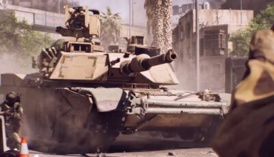 Heavy tank moving through a dusty city street with soldiers advancing nearby in Battlefield 6.