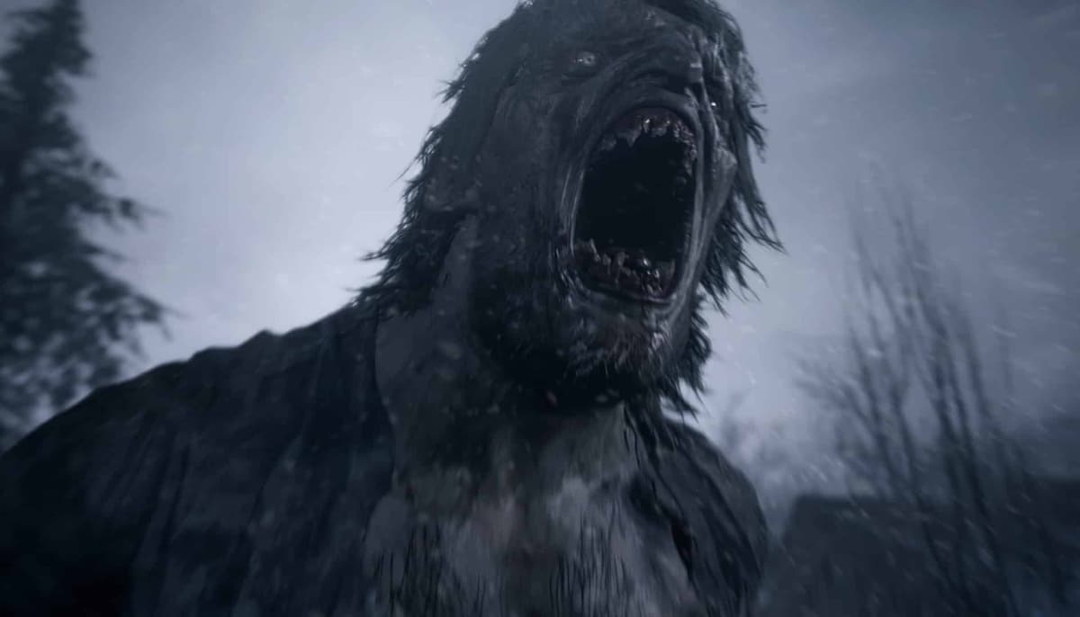 A terrifying werewolf-like monster roaring in the snow during a Resident Evil Village scene