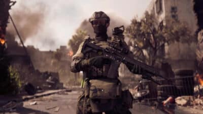 Picture of a soldier in Cairo, Egypt, wearing body armor and wielding an lighter mobile LMG type weapon from Battlefield 6.