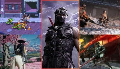 Collage of ninja games including Ninja Gaiden, Sekiro, TMNT, and Metal Gear Rising