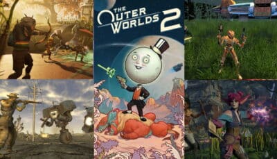 A mixed collage of Obsidian's games. The cover of The Outer Worlds 2 is in the center