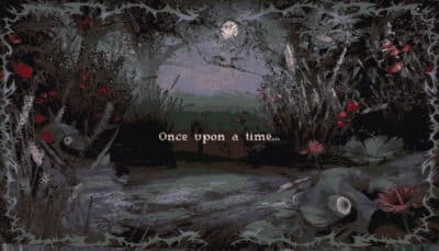 Opening scene in CARIMARA showing a moonlit forest with the words "Once upon a time"