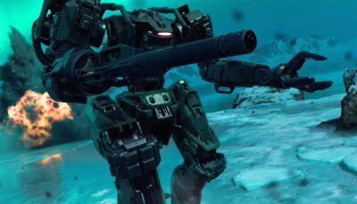 A massive combat mech fires its cannon amid explosions on an icy battlefield in Call of Duty Black Ops 7.