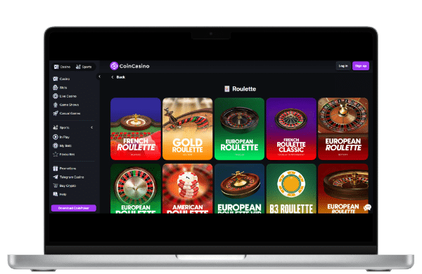 CoinCasino roulette game library featuring a wide selection of roulette variants including French, Gold, European, and American.
