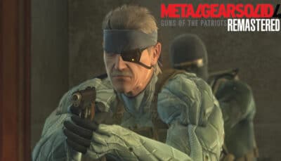 Old Snake aiming his weapon in Metal Gear Solid 4 Remastered, highlighting the tactical stealth atmosphere of the game