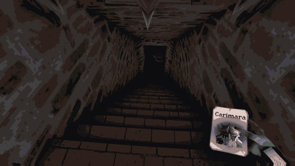 Player descends a dim staircase in CARIMARA, holding a card that guides their way