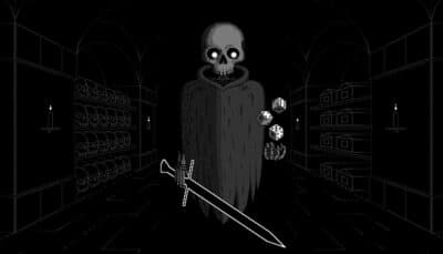 Kalma, the skeletal guardian from Dice of Kalma, standing in a dark crypt holding dice and a sword