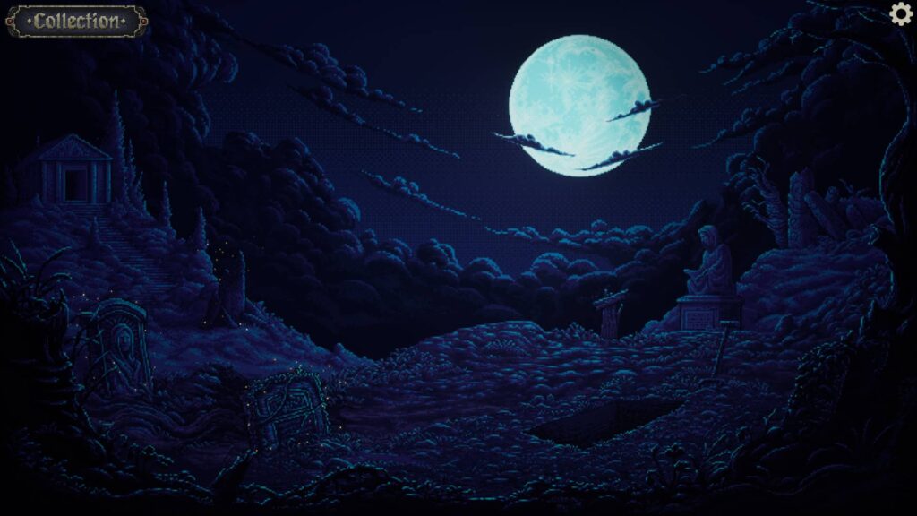 Pixel art scene from Dice With Death showing a moonlit graveyard with ancient statues, tombstones, and a glowing full moon illuminating the dark sky.