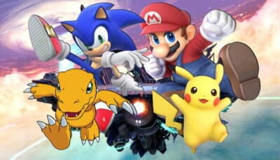 Sonic the Hedgehog and Mario face off with Pikachu and Agumon, symbolizing the rivalry between Sonic Racing, Digimon, Pokémon, and Nintendo franchises