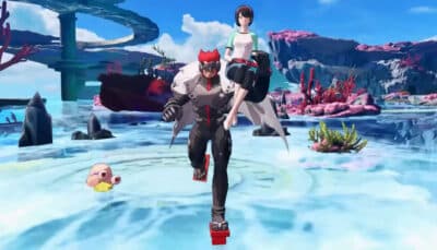 A muscular, armored character with red hair runs across a vibrant, alien-like water landscape, carrying a young person in Digimon Story: Time Stranger