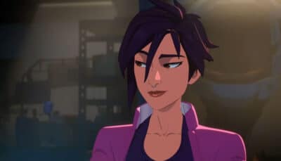 A hero smirks confidently during a conversation in Dispatch