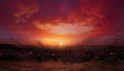 Dead Island 2 scene showing a fiery Los Angeles skyline at sunset