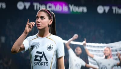 A female football player celebrates after scoring a goal in EA Sports FC 26