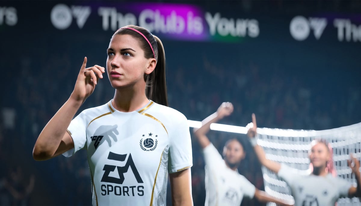 A female football player celebrates after scoring a goal in EA Sports FC 26
