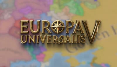 Official logo of Europa Universalis V displayed over a blurred world map background