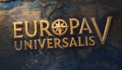 Europa Universalis V official logo with a golden compass design over a textured world map background.