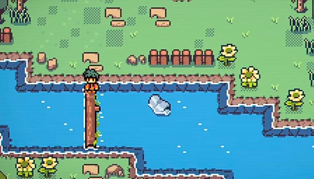 The protagonist balances on a log bridge over a river in Fading Serenades