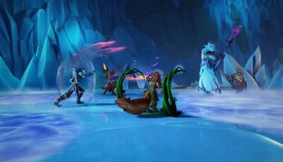 Fellowship party battles a towering ice boss in a frozen dungeon, with heroes casting spells and summoning plants