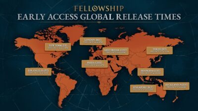 Picture of a world map with the fellowship release times listed for major timezones for the game's audience.