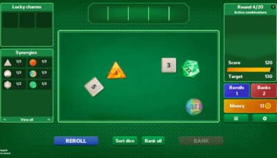 Dice Dice baby interface with a green background. Dice showing numbers 5, 4, 3, and two 22s are displayed