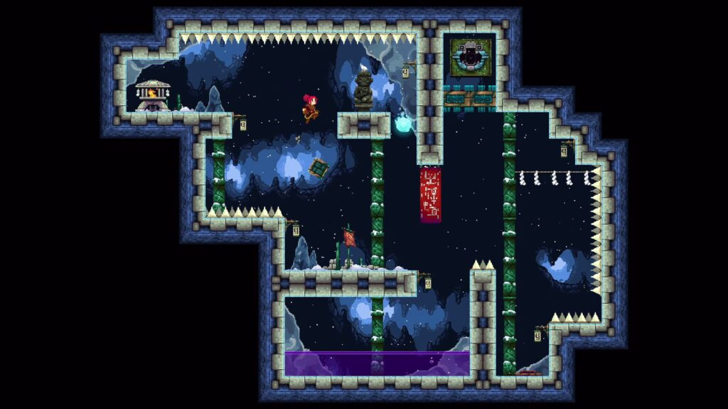 Enid jumps between icy platforms to solve a puzzle in Forgotten Fragments