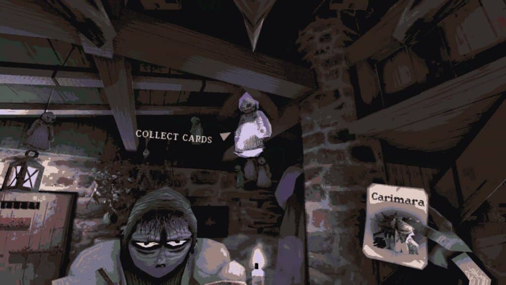 Inside a dim cabin in CARIMARA, the player collects cards beneath hanging dolls