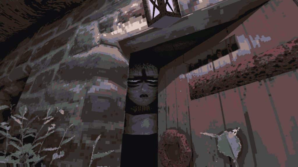 A mysterious figure peers through a doorway in CARIMARA, blending fear and curiosity