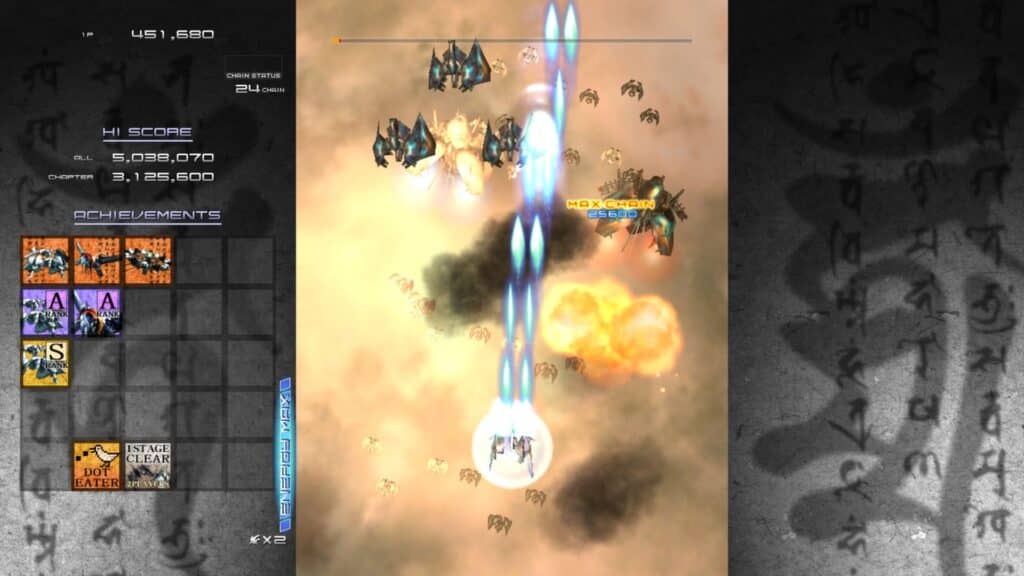 Player ship firing energy beams against enemy waves in the Dota 2-inspired shooter Ikaruga on Nintendo Switch