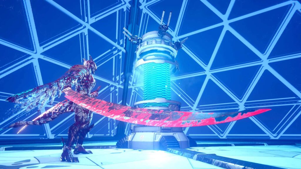 A cybernetic warrior with a massive red energy blade stands before a glowing power core in Ninja Gaiden 4