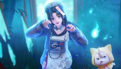 Character from Infinity Nikki dressed in a ghostly blue Halloween outfit poses playfully beside a small yellow cat spirit in a glowing forest.