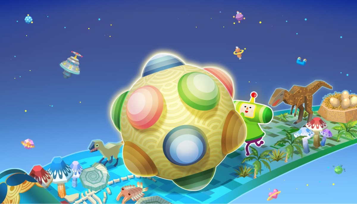 The Prince rolls a glowing Katamari past dinosaurs in Once Upon a Katamari