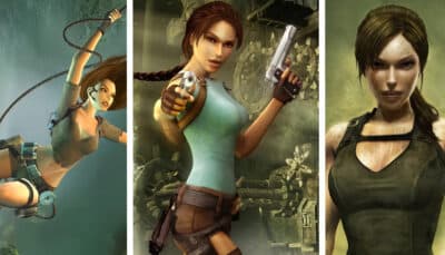 Promotional art showing Lara Croft from Tomb Raider Legend, Anniversary, and Underworld representing the LAU Trilogy