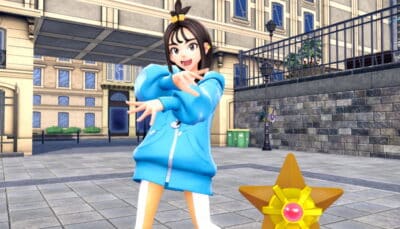 A Pokémon Trainer poses confidently beside Staryu on the streets of Lumiose City in Pokémon Legends Z-A