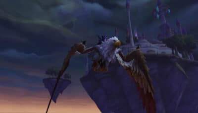 A player in World of Warcraft flies over Dalaran city during the Legion Remix event