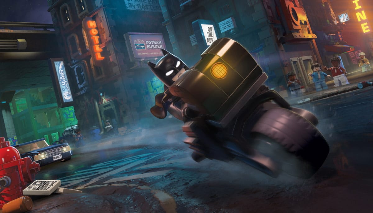 Lego Batman rides a motorcycle through a dark, rainy city street