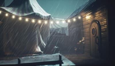 Two characters open a wooden door in the rain during a scene from Little Nightmares 3