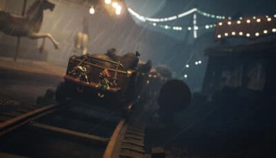 Low and Alone riding a cart through a creepy carnival in Little Nightmares 3