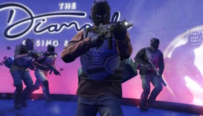 The image depicts the robbery of the Diamond Casino & Resort in Grand Theft Auto Online