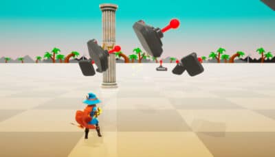 The wizard approaches floating joystick obstacles in a surreal desert-themed level of Lumo 2