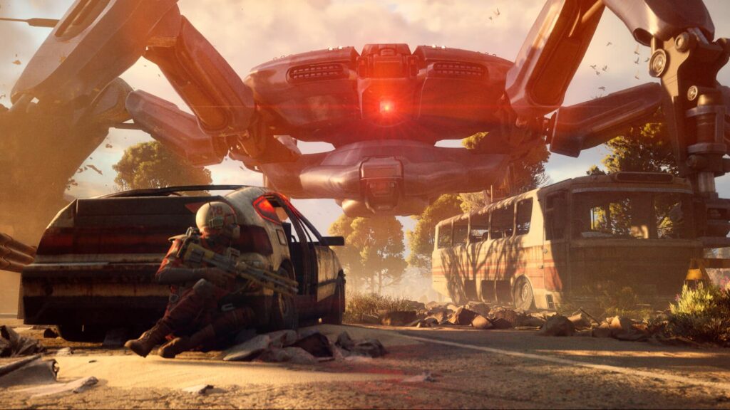 Soldier hiding behind a wrecked car as a massive robotic enemy looms overhead in Arc Raiders