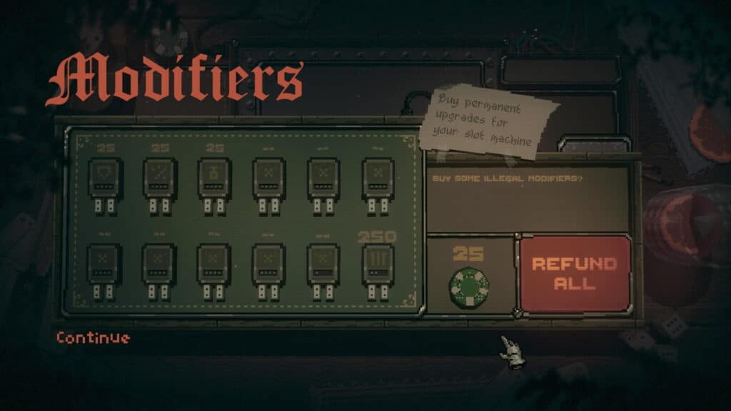 Modifier shop screen in Slots and Daggers offering permanent slot machine upgrades