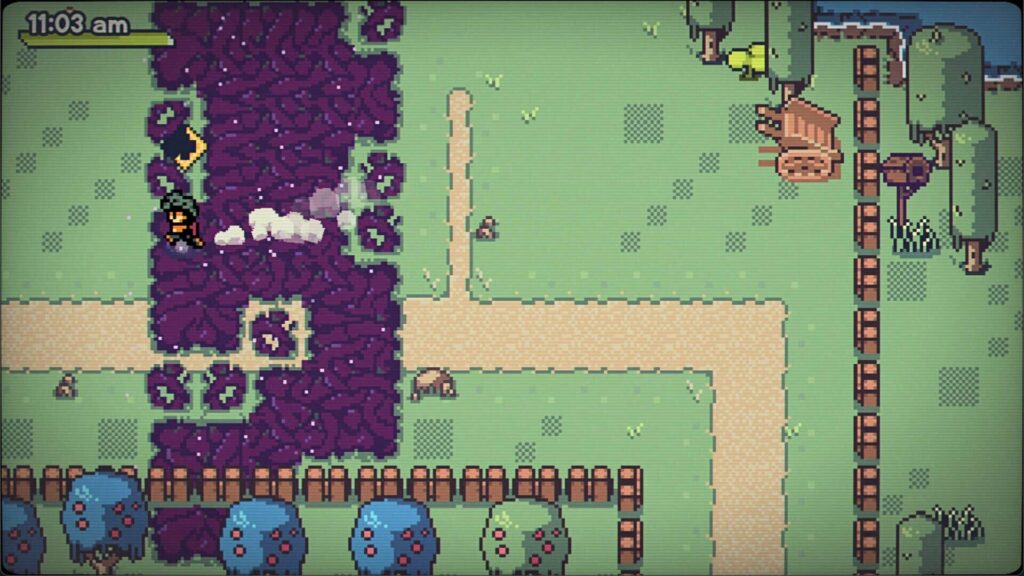 Callum walks near a strange purple forest patch on Clifford Island in Fading Serenades