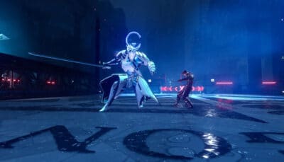 Two armored swordsmen clash on a neon-lit platform during a stormy battle in Ninja Gaiden 4