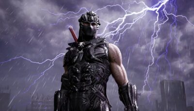 Ryu Hayabusa stands in the rain beneath flashing lightning, showcasing his armored look in Ninja Gaiden 4