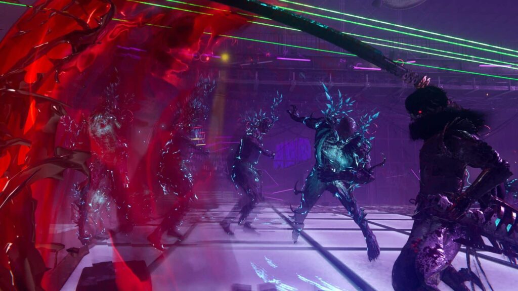 A fast-paced combat scene in Ninja Gaiden 4, with Yakumo slashing through glowing blue enemies as red energy erupts around him